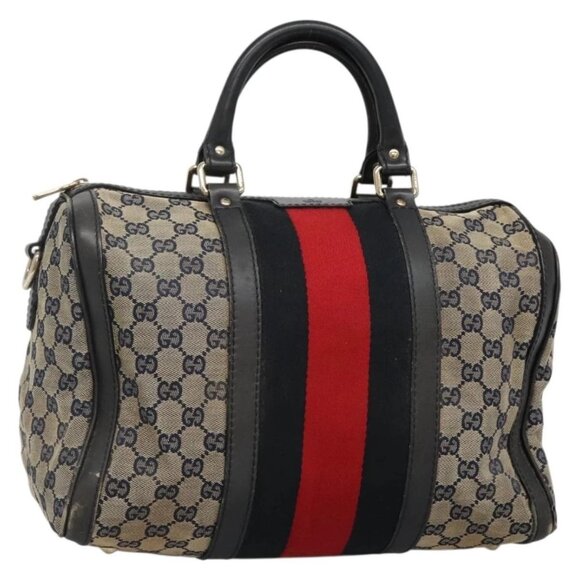 GUCCI GG Canvas Sherry Line Hand Bag PVC Navy Gold - Picture 1 of 16